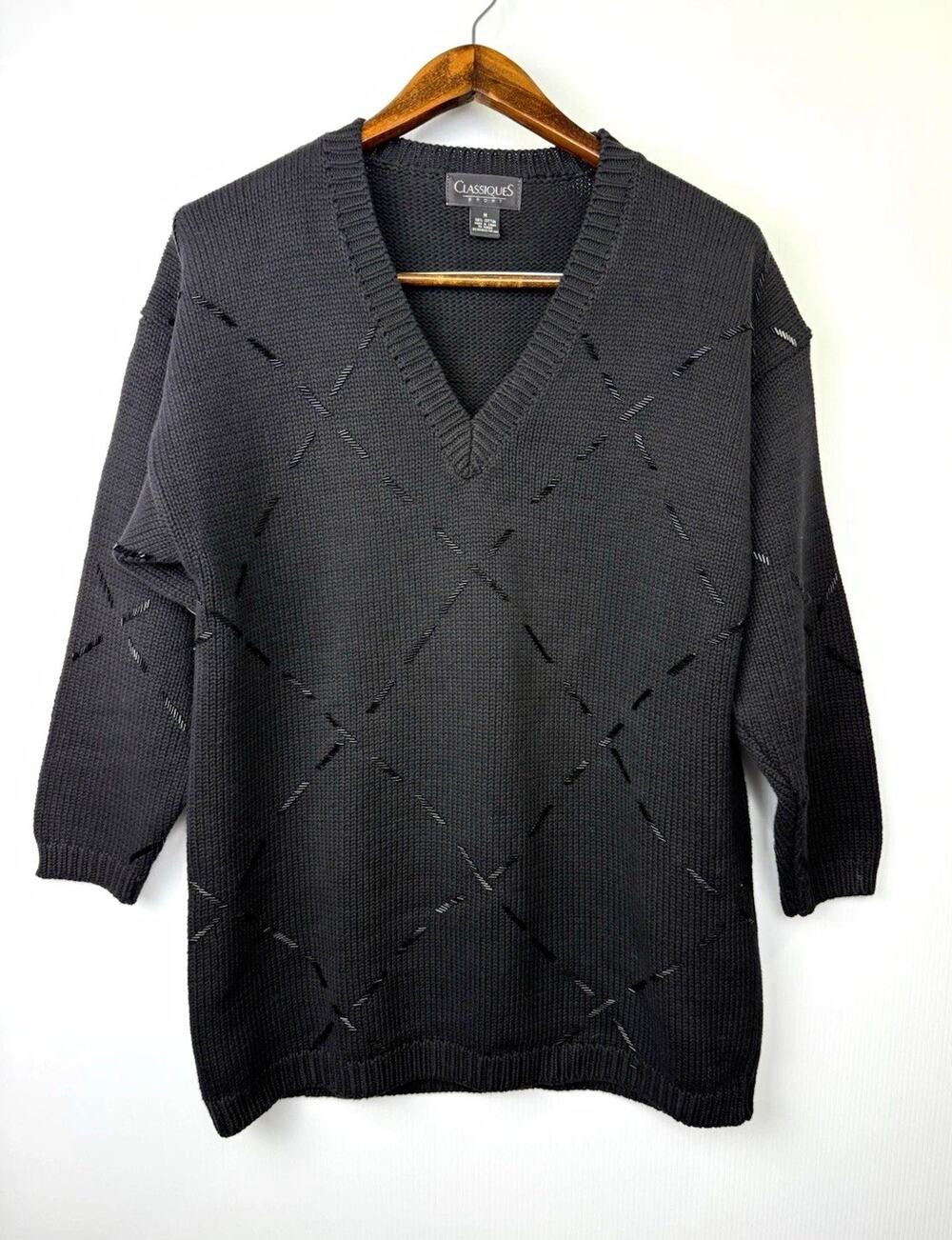 Classiques Sport Black Bugle Beaded Cotton Sweater M V Neck 90s Avant Garde